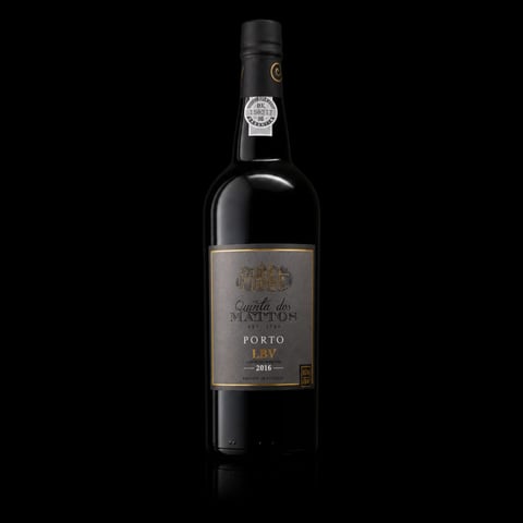 Bottle of Quinta do Noval Porto LBV 2016 wine against a black background