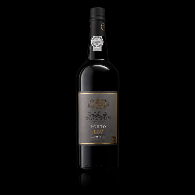 Bottle of Quinta do Noval Porto LBV 2016 wine against a black background