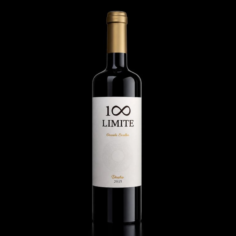 100 Limite wine bottle with white label and gold capsule on black background, vintage 2015 douro red wine