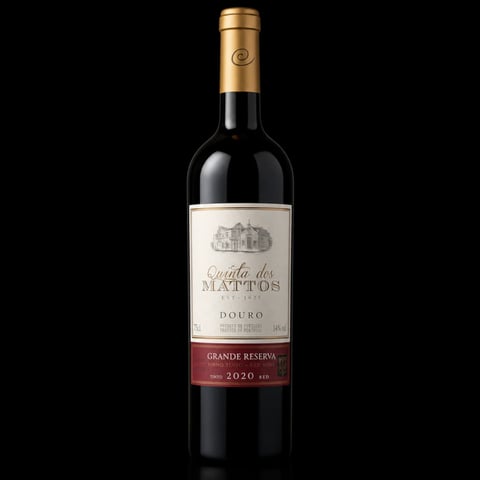 Bottle of Quinta dos Mattos Douro Grande Reserva 2020 red wine with gold foil cap against black background