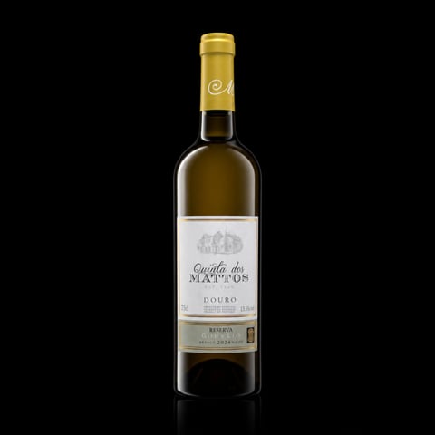 Bottle of Quinta dos Mattos white wine from Douro region with gold foil cap on black background