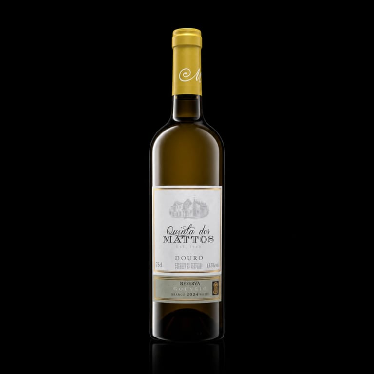 Bottle of Quinta dos Mattos white wine from Douro region with gold foil cap on black background
