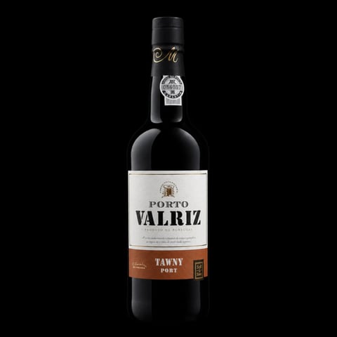 Bottle of Porto Valriz Tawny Port wine with white label and bronze band against black background