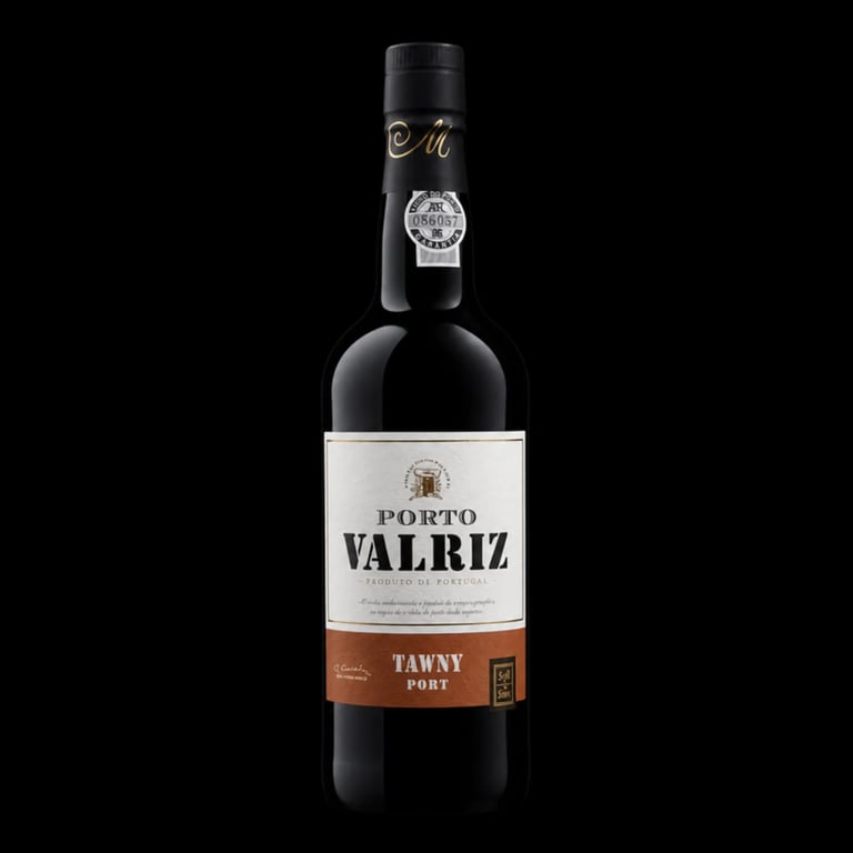 Bottle of Porto Valriz Tawny Port wine with white label and bronze band against black background