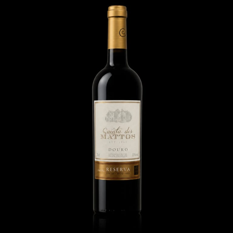 Bottle of Quinta dos Mattos Reserva red wine from Douro region against black background