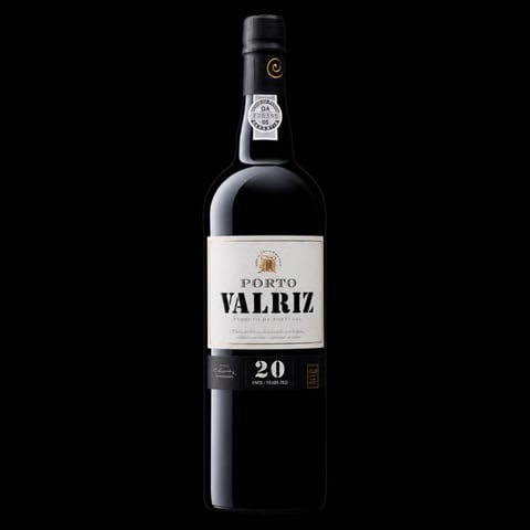Bottle of Valriz Porto 20 Year aged wine against a black background