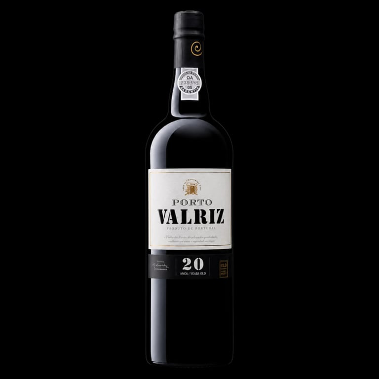 Bottle of Valriz Porto 20 Year aged wine against a black background