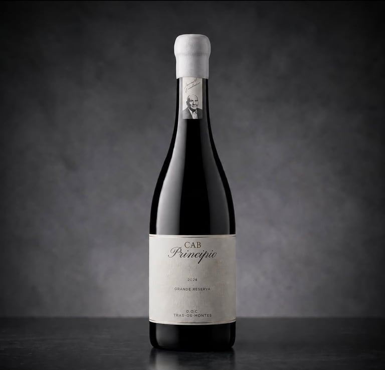Bottle of red wine with white foil cap and label against a dark gray textured background