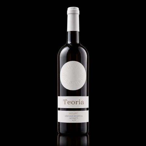 Bottle of Teoria red wine with white circular label on black background