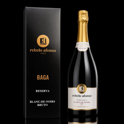 Rebelo Afonso Baga Reserva Blanc-de-Noirs Bruto sparkling wine bottle with black gift box on white background