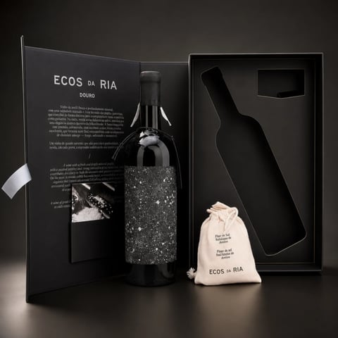 Luxury wine gift set with sparkly bottle holder, elegant black packaging, wine bottle with informational card, and cream colored branded pouch.