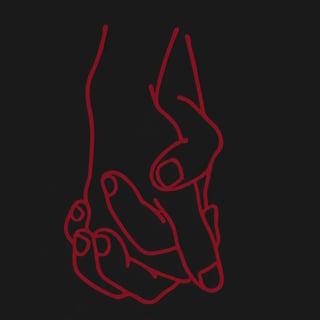 Red line drawing of hands on dark background