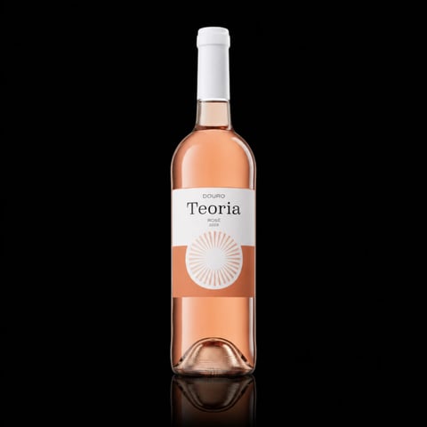 Bottle of Teoria Douro rosé wine with white label and white cap on black background
