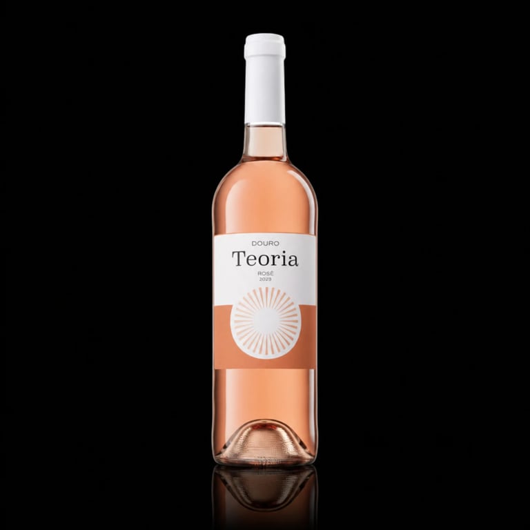 Bottle of Teoria Douro rosé wine with white label and white cap on black background