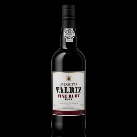Bottle of Porto Valriz Fine Ruby Port wine on black background