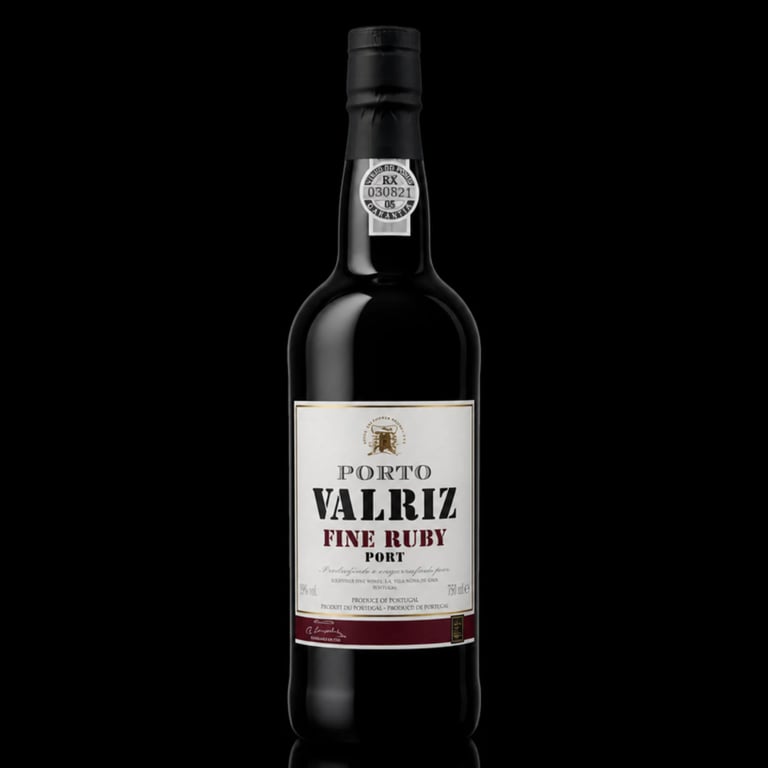 Bottle of Porto Valriz Fine Ruby Port wine on black background