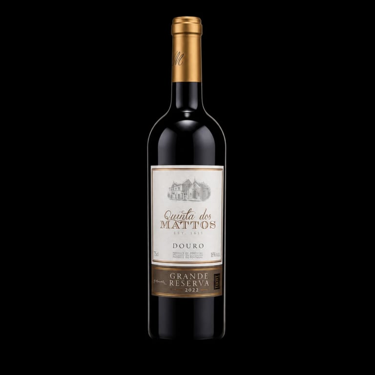 Bottle of Quinta dos Mattos Grande Reserva Douro red wine with gold foil top and cream-colored label on black background