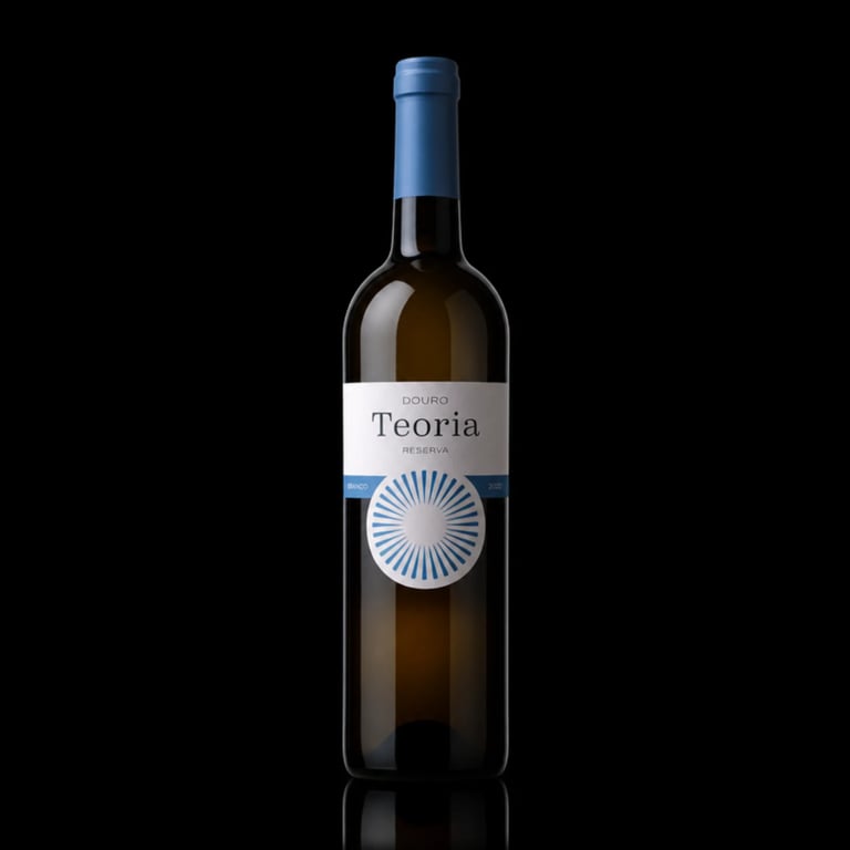 Bottle of Teoria white wine with blue cap and circular sun logo on label against black background