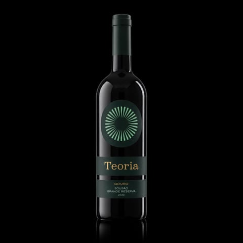 Bottle of Teoria red wine with green circular logo on dark label against black background