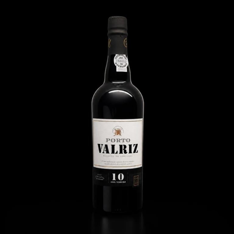 Bottle of Porto Valriz 10 year aged tawny port wine on black background