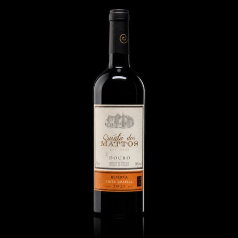 Bottle of Quinta dos Mattos Douro Reserva red wine with orange and cream label on black background